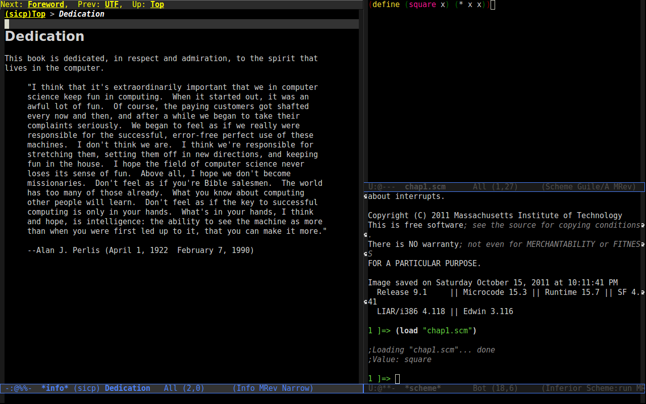 A screenshot of Emacs with three frames: sicp, a source code file and a scheme REPL